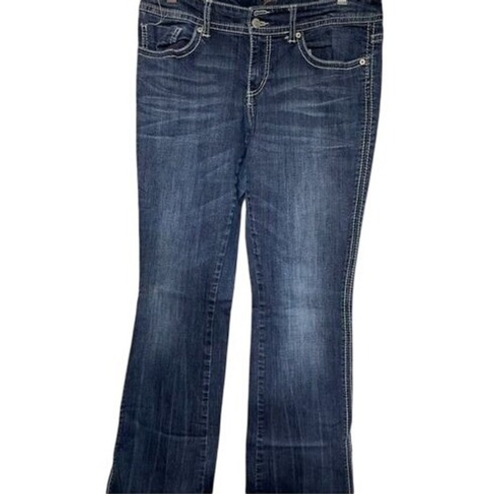Seven7 Womens Dark Wash Embellished Bootcut Jeans Blue Mid Rise Bling Stretch